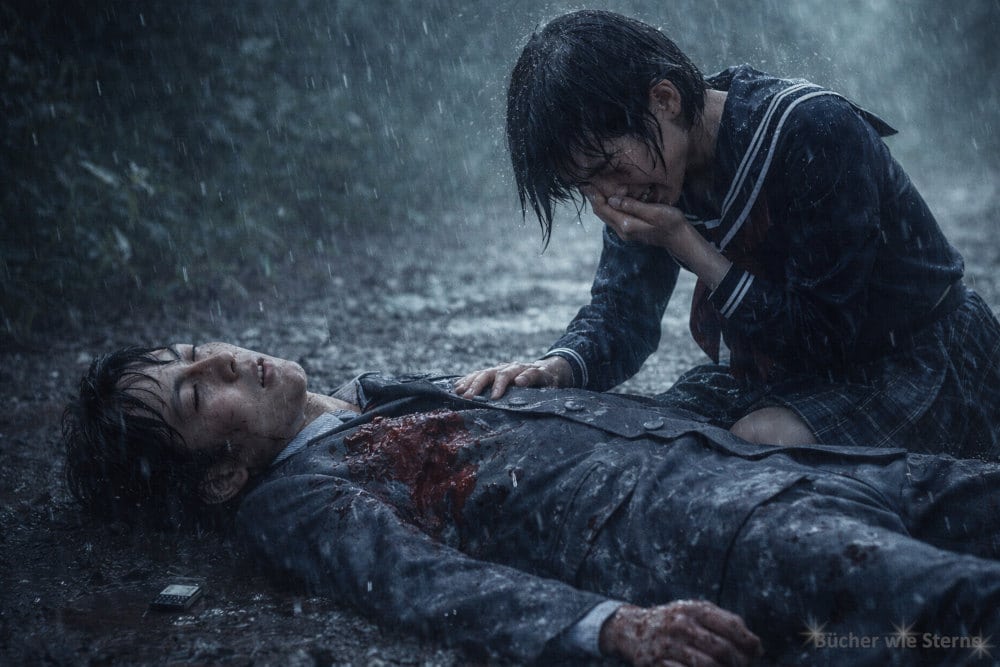 Du ... liebst ... mich? Du wolltest mir sagen ... behauptest du, dass du mich gesucht hast? Stimmt das? Wenn das stimmt ... was habe ich gerade getan? (Koushun Takami, Battle Royale, Kapitel 68), Bild erstellt mit ChatGPT